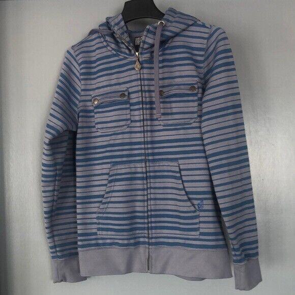 Volcom Woman's Blue Gray Striped Zip Long Sleeve Hoodie Size Large Snap Pockets - Picture 1 of 6